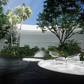 Tranquil Garden Landscape With Reflective Pond Modern White Buildings And Green Trees 3d model