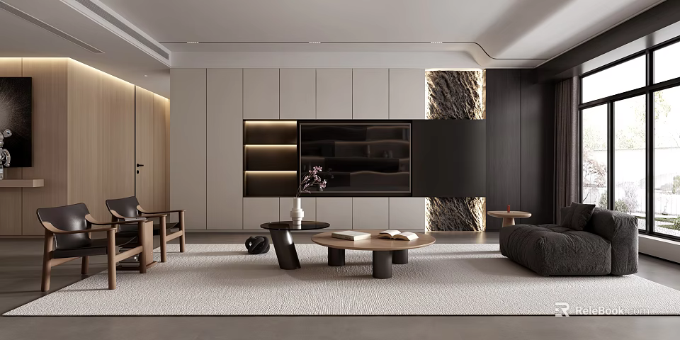 Modern Living Room Interior Design With TV Wall Sofa Coffee Table And Area Rug 3d model 