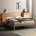 Wooden Double Bed Interior With Bedside Table Lamp Wall Painting Window And Area Rug