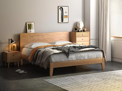 Wooden Double Bed Interior With Bedside Table Lamp Wall Painting Window And Area Rug 3d model