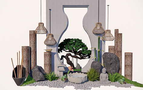 New Chinese style landscape sketch rockery waterscape dry landscape rockery stone lamp stone 3d model