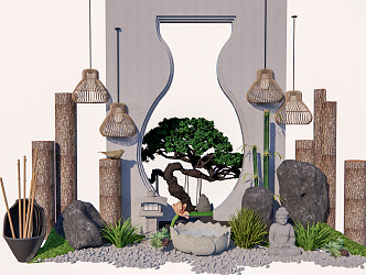 New Chinese style landscape sketch rockery waterscape dry landscape rockery stone lamp stone 3d model