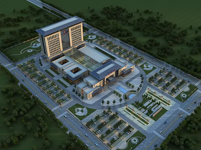 Aerial View Planning Layout of Large Building Complex With Plaza Parking Lots Greenery And Roads 3d model