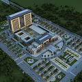 Aerial View Planning Layout of Large Building Complex With Plaza Parking Lots Greenery And Roads