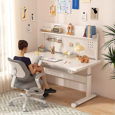 Modern Study Room Interior With White Desk Table Lamp Bookshelf And Reading Corner 3d model