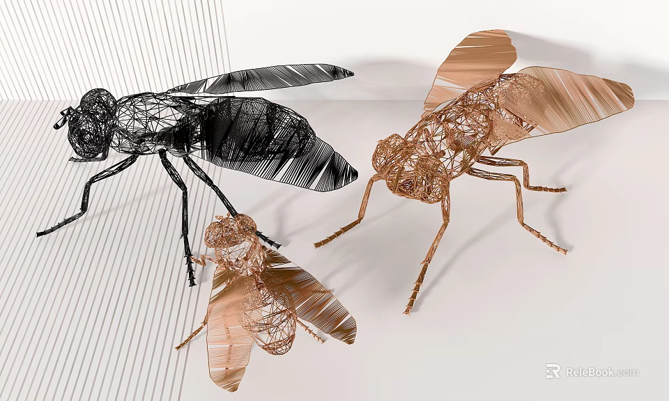Modern Insect Shaped Wire Sculpture Ornament Decoration Set With Black And Copper Color 3d model 