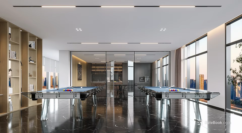 Modern Billiard Room Interior With Pool Tables And City View 3d model