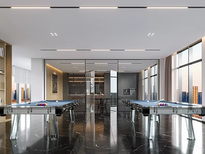 Modern Billiard Room Interior With Pool Tables And City View 3d model