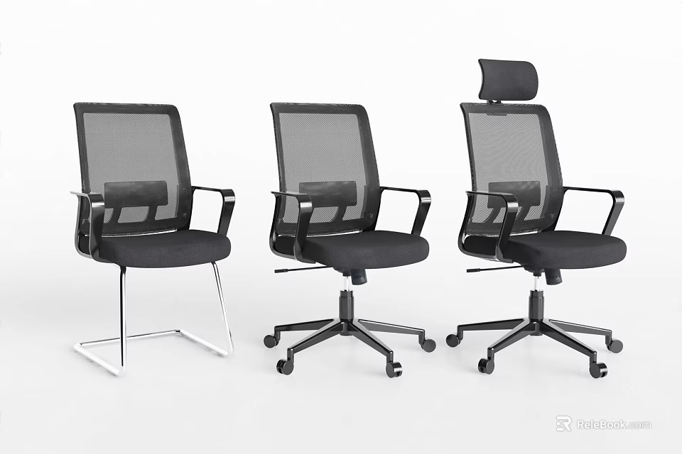 Black Mesh Office Chairs with Fixed Metal and Rolling Swivel Bases Simple Design 3d model 