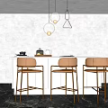 Modern Bar Counter Interior With Three Brown Leather Bar Stools And Hanging Pendant Lights