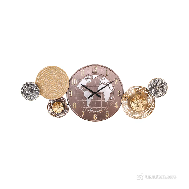 Decorative Wall Clock With World Map Design And Woven Metallic Circular Decorations 3d model