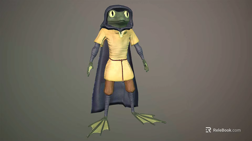 Anthropomorphic Frog Character With Large Eyes In Yellow Outfit Blue Cloak And Webbed Feet 3d model 