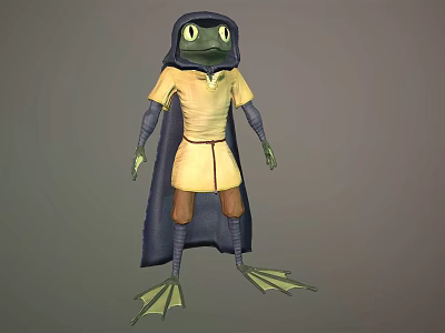 Anthropomorphic Frog Character With Large Eyes In Yellow Outfit Blue Cloak And Webbed Feet 3d model