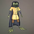 Anthropomorphic Frog Character With Large Eyes In Yellow Outfit Blue Cloak And Webbed Feet