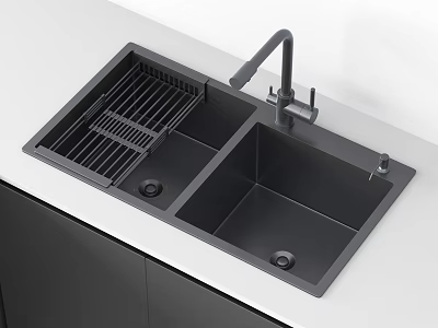 Modern Double Bowl Kitchen Sink With Drainer Rack And Sleek Faucet For Contemporary Kitchen 3d model