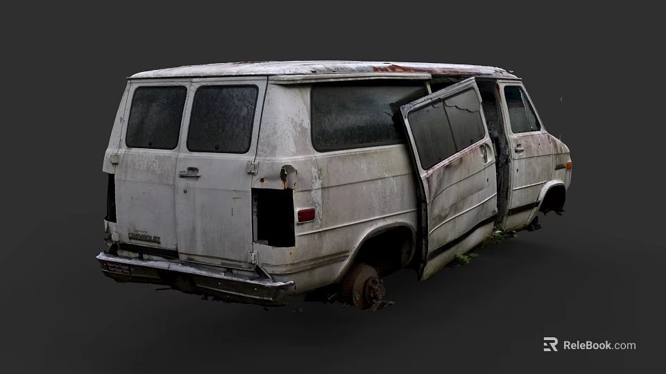 Abandoned White Van with Open Side Doors Rusted Worn Body and Overgrown Weeds 3d model 