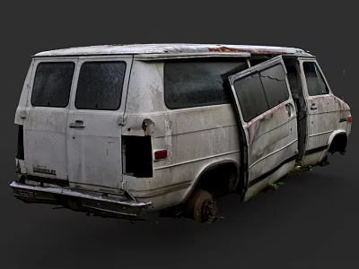 Abandoned White Van with Open Side Doors Rusted Worn Body and Overgrown Weeds 3d model