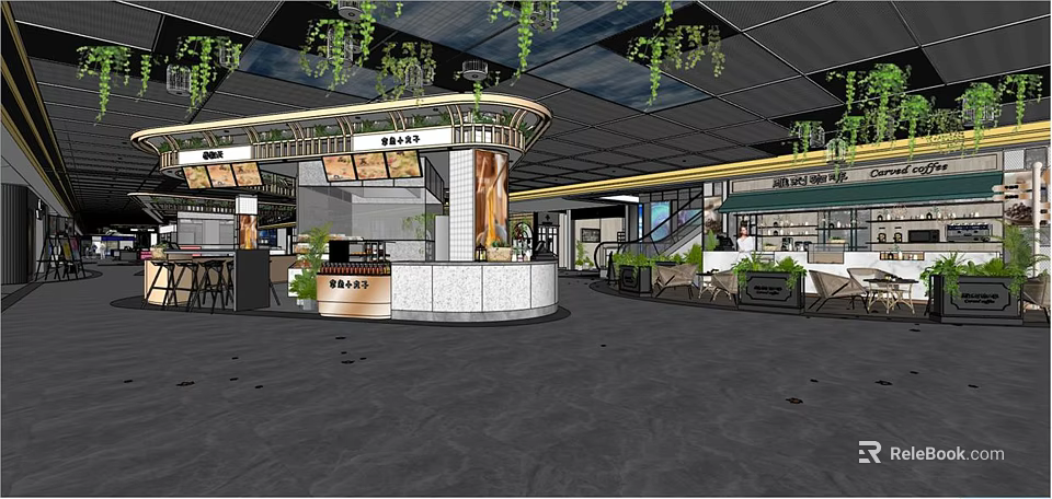 Modern Shopping Mall Hall Interior With Hanging Green Plants Counter And Staircase 3d model 