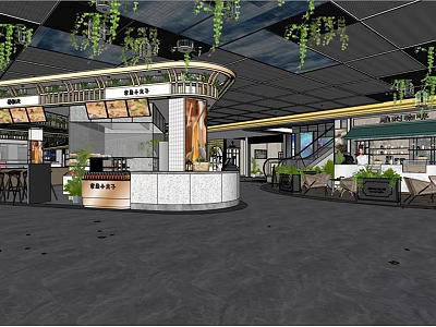 Modern Shopping Mall Hall Interior With Hanging Green Plants Counter And Staircase 3d model