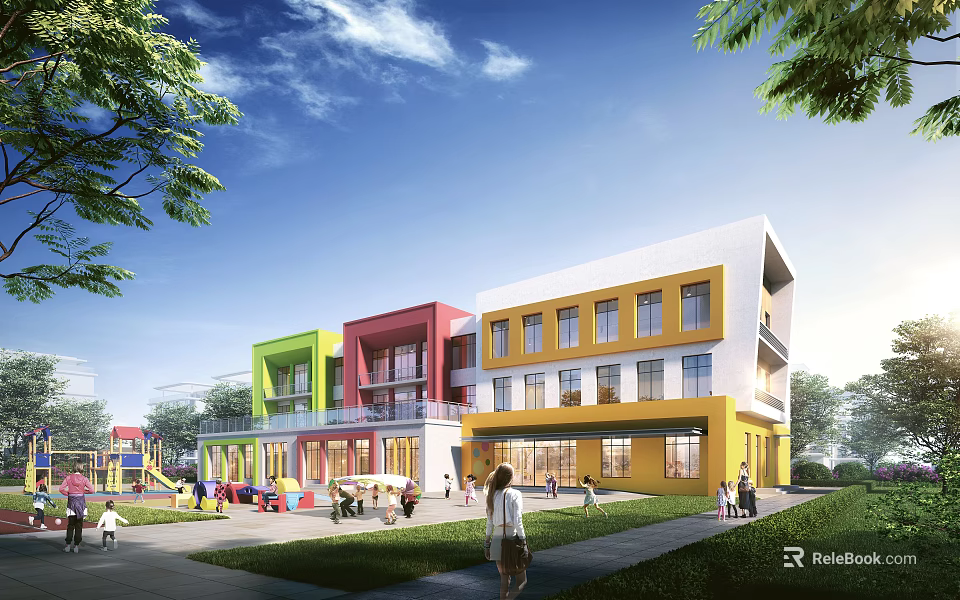 Colorful Modern School Building With Playground Green Lawn And Children Playing 3d model 