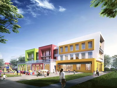 Colorful Modern School Building With Playground Green Lawn And Children Playing 3d model