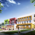 Colorful Modern School Building With Playground Green Lawn And Children Playing