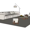 Beige Sofa with Decorative Pillows and Wooden Coffee Table Set Light Area Rug Floor Lamp