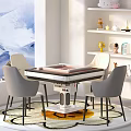 Modern Entertainment Table Interior Design With Four Gray Chairs And Dried Plant Vase