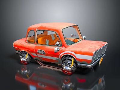 Vintage Orange Car With White Stripes Orange Interior And Unique Wheels 3d model