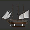 Detailed Wooden Sailboat Model Featuring White Sails and Brown Base Stand