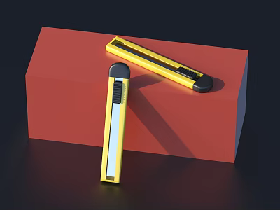 Two Yellow Utility Knives With Black Handles On Red Platform Surface 3d model
