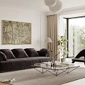 Modern Living Room With Black Sofa Glass Coffee Table Green Chair Abstract Art Spherical Lights
