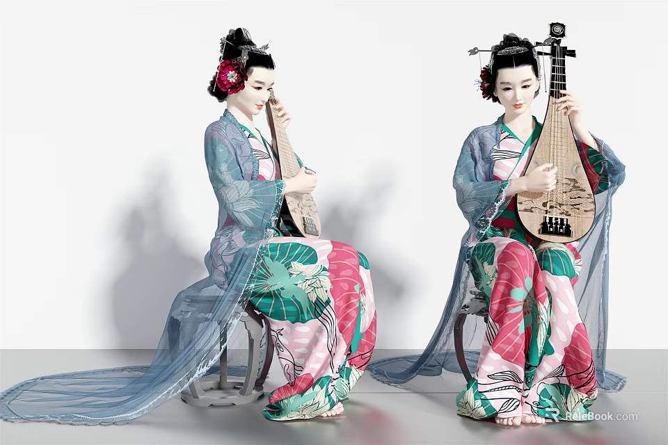 Women In Traditional Clothing Playing Pipa With Pink Green Floral Patterns And Flowing Gauze Capes 3d model 