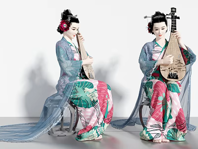 Women In Traditional Clothing Playing Pipa With Pink Green Floral Patterns And Flowing Gauze Capes 3d model