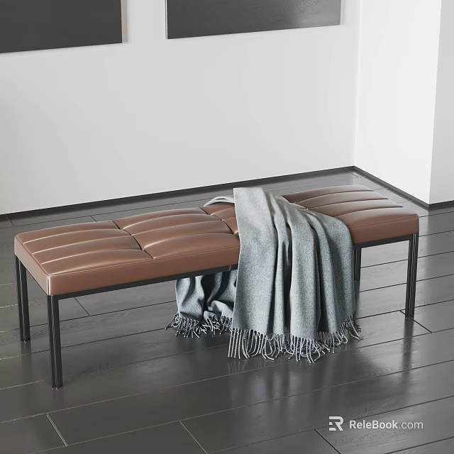 Brown Leather Stitched Bench With Gray Blanket And Black Metal Legs In Modern Interior 3d model 