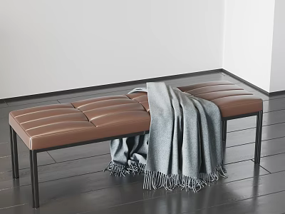 Brown Leather Stitched Bench With Gray Blanket And Black Metal Legs In Modern Interior 3d model