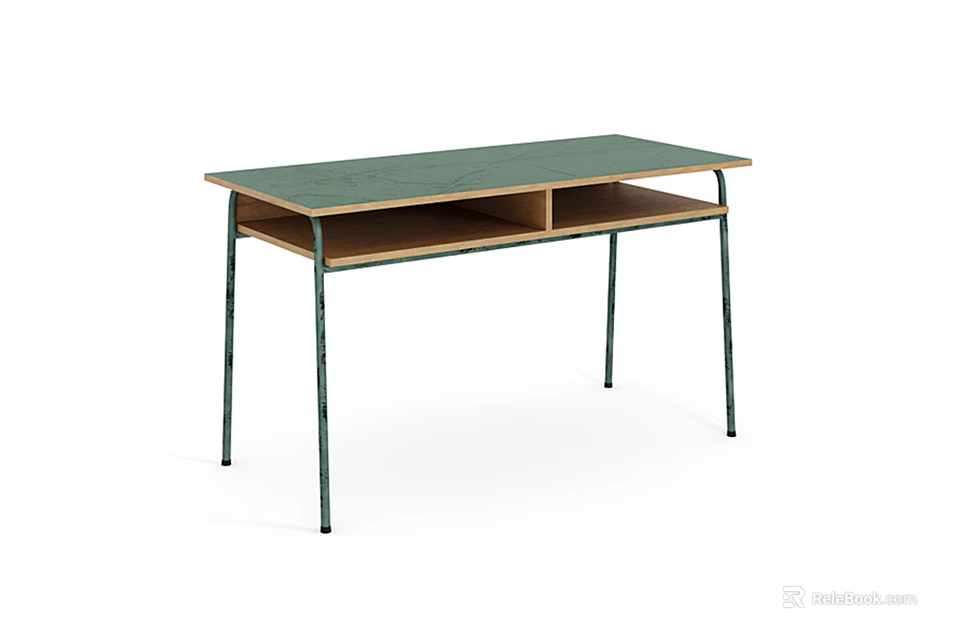 Simple Green Top Desk With Wooden Lower Shelf And Green Metal Legs Design 3d model 