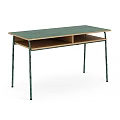 Simple Green Top Desk With Wooden Lower Shelf And Green Metal Legs Design