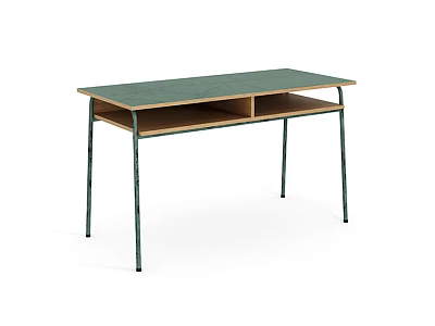 Simple Green Top Desk With Wooden Lower Shelf And Green Metal Legs Design 3d model