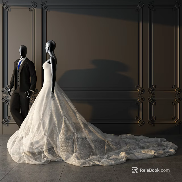 Elegant White Wedding Dress and Black Suit on Mannequins Against Dark Paneled Wall 3d model 