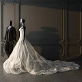 Elegant White Wedding Dress and Black Suit on Mannequins Against Dark Paneled Wall