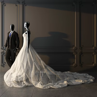 Elegant White Wedding Dress and Black Suit on Mannequins Against Dark Paneled Wall 3d model