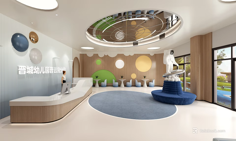 Modern Kindergarten Lobby With Astronaut Sculpture Reception Desk And Circular Decor 3d model 