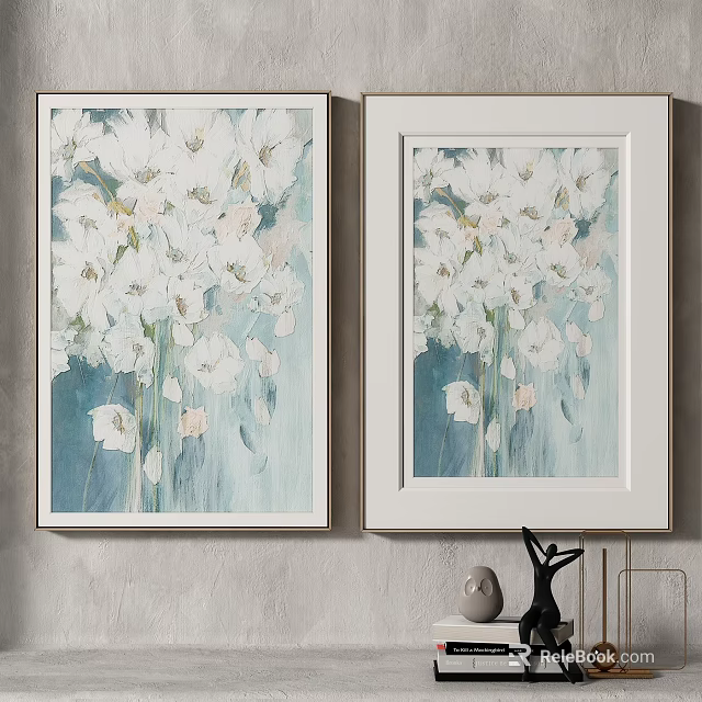 White Flower Plant Paintings In White Frames On Gray Wall Interior 3d model