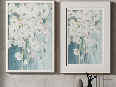 White Flower Plant Paintings In White Frames On Gray Wall Interior 3d model