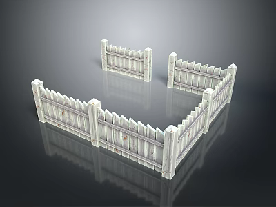 Scenic Landscape Displaying Square White Picket Fence with Pointed Tops on Reflective Black Surface 3d model