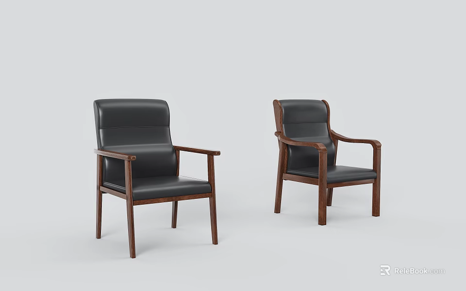 Two Modern Office Chairs With Black Leather Seats And Wooden Armrests 3d model 