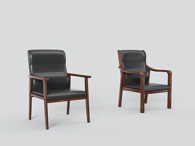 Two Modern Office Chairs With Black Leather Seats And Wooden Armrests 3d model