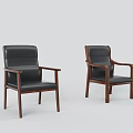 Two Modern Office Chairs With Black Leather Seats And Wooden Armrests