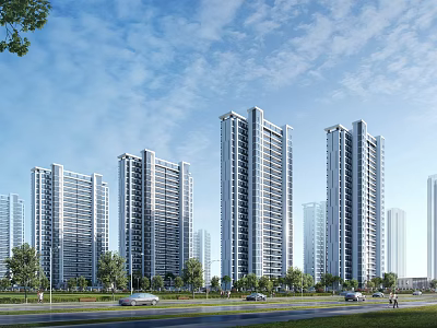 Modern High rise Residential Buildings With Greenery Roadside Cars And Blue Sky 3d model